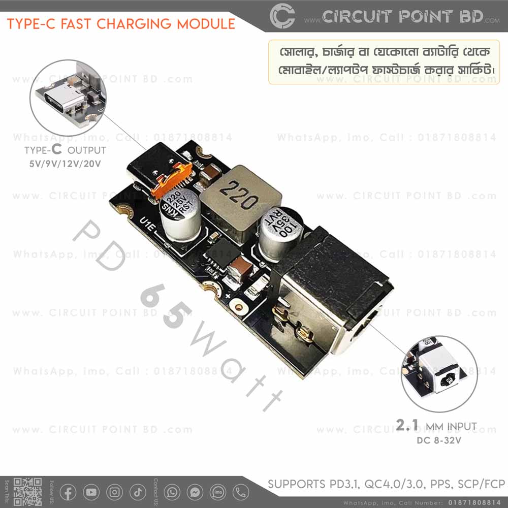 Usb Cpd Charger Module PD 65W USB Type‑C Fast Charging Module with 2.1mm DC Female Port ...